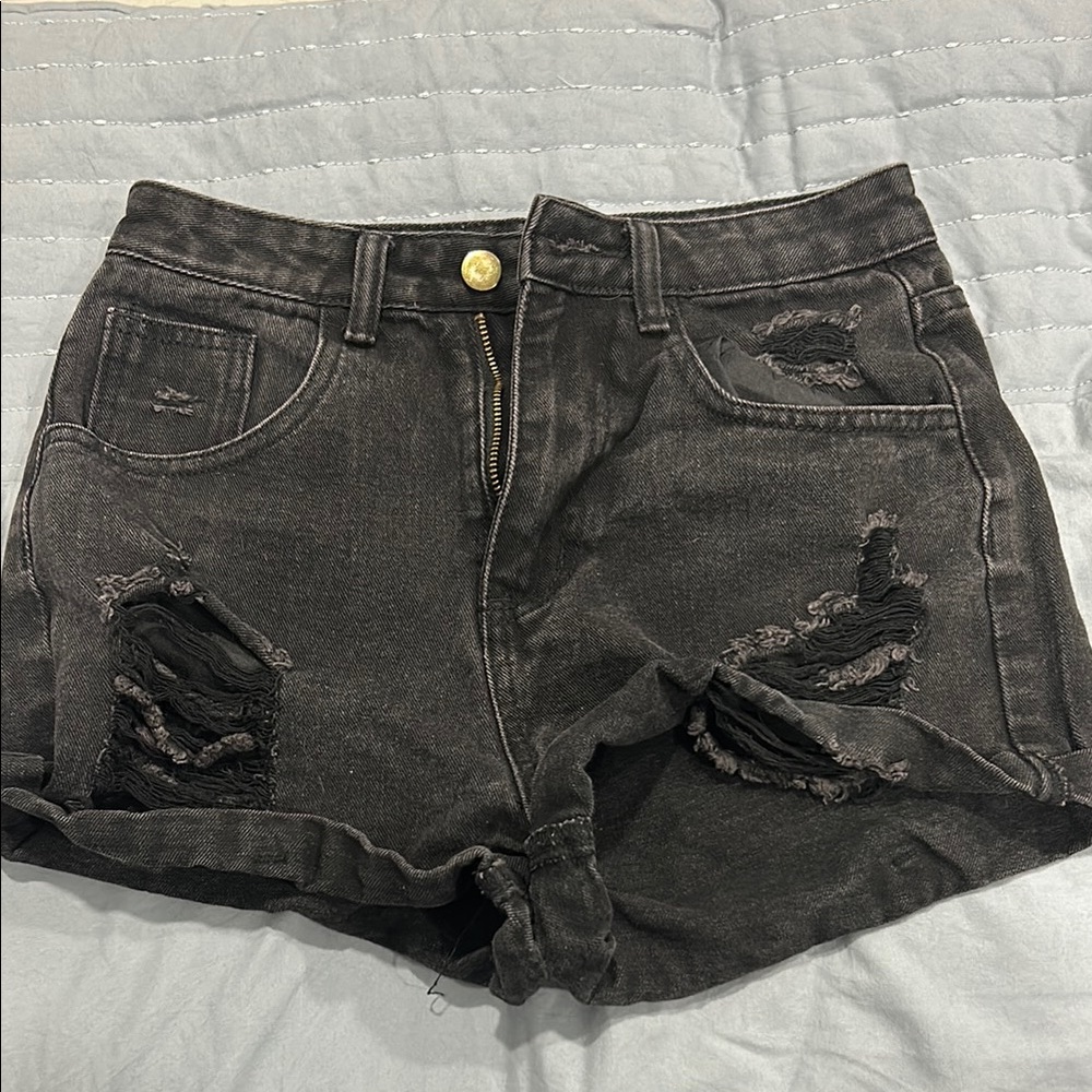 Distressed Black Denim Shorts